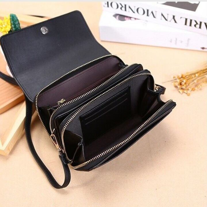 Multi-use faux leather shoulder bag & travel wallet for women, ideal for various occasions.