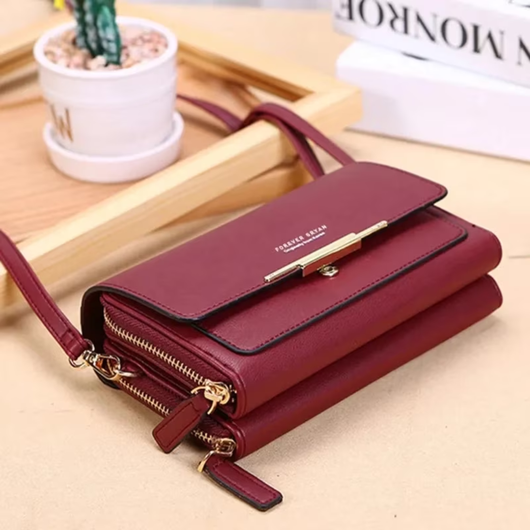 Organized women's faux leather crossbody bag & wallet, perfect for streamlined travel.