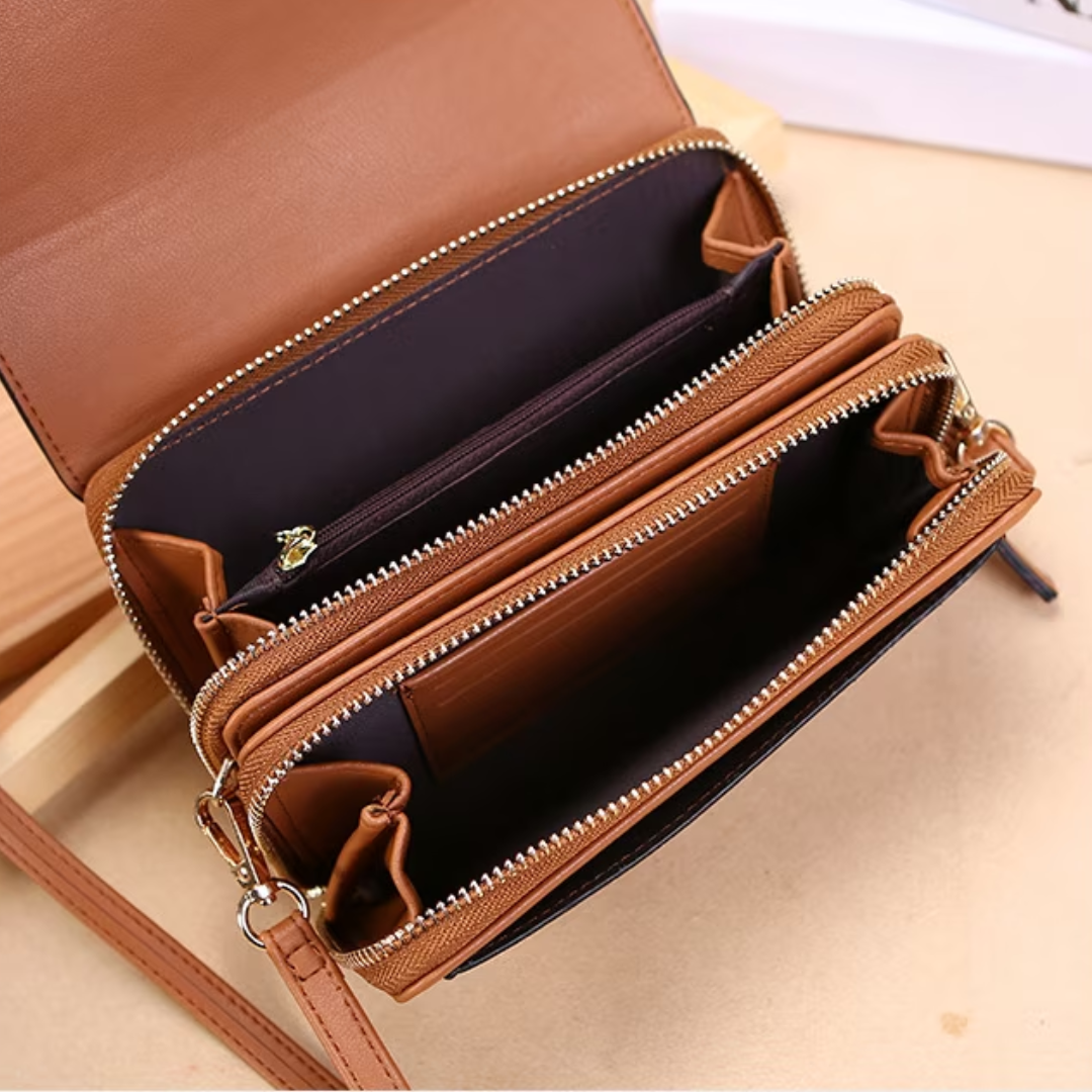 Multi-functional women's faux leather crossbody bag and practical everyday wallet.