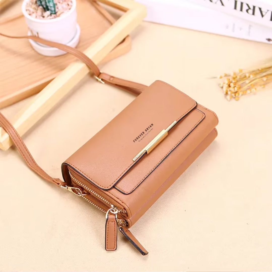 Stylish faux leather women's travel wallet & shoulder bag, keeping items organized.