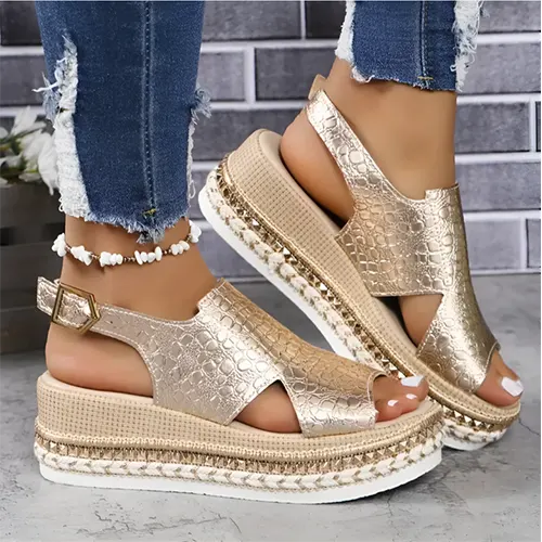 Chic women's platform sandals in gold with unique money symbol design, ideal for summer holidays & casual fashion.