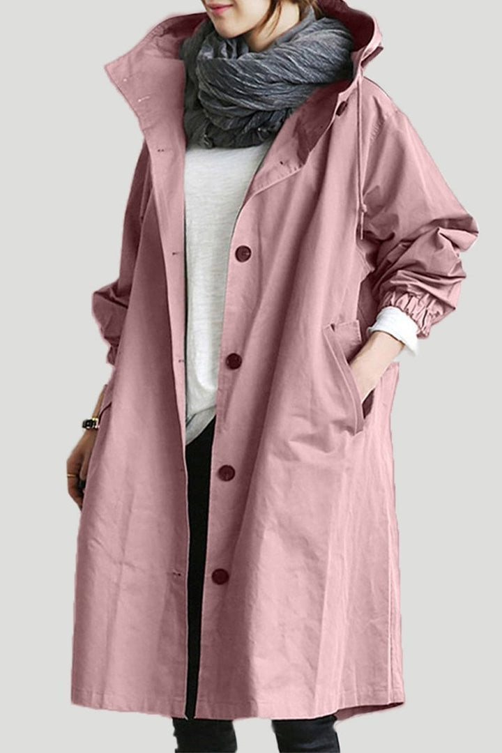 Interior view of women's lightweight hooded waterproof trench coat. Versatile, practical everyday outerwear.
