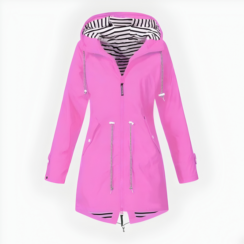 Women's stylish long rain jacket. Waterproof & windproof, perfect hooded outerwear for spring & fall fashion.