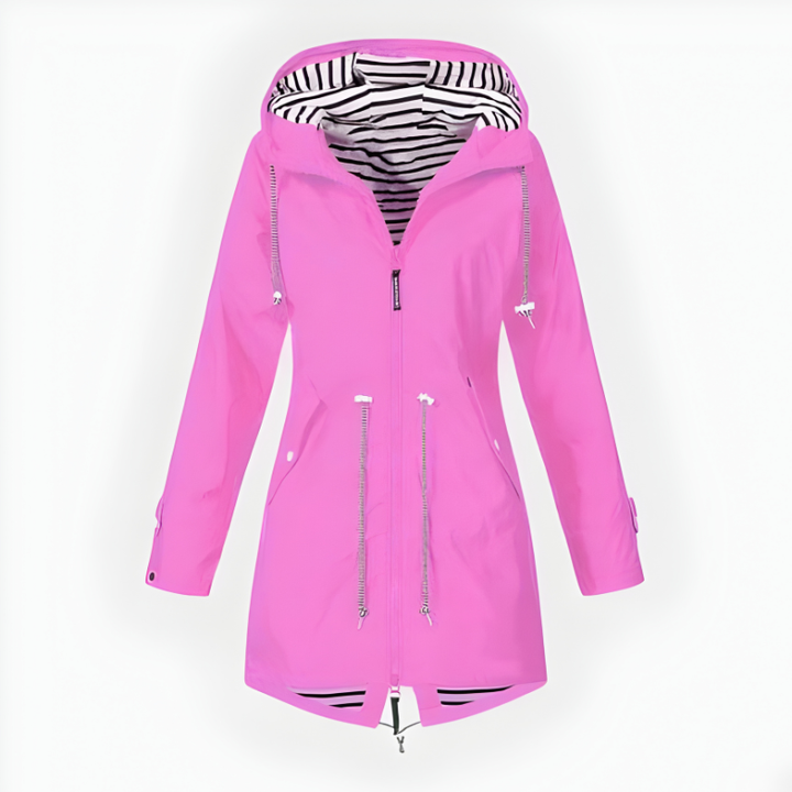 Women's stylish long rain jacket. Waterproof & windproof, perfect hooded outerwear for spring & fall fashion.