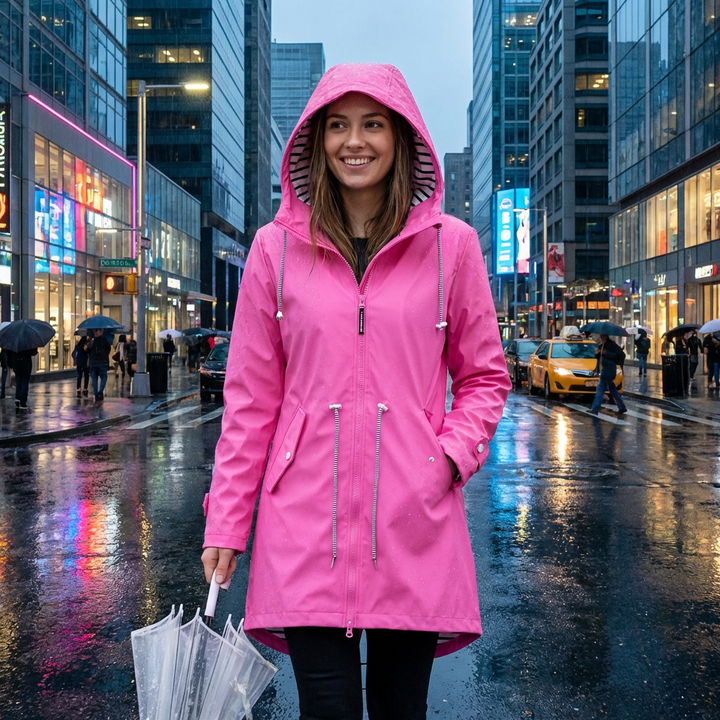 Elegant women's long rain coat, waterproof & windproof. Fashionable hooded outerwear for all-weather style.
