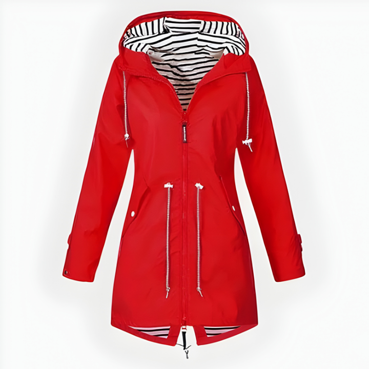 Waterproof & windproof women's long rain jacket with hood. Ideal stylish outerwear for protection in spring/fall.