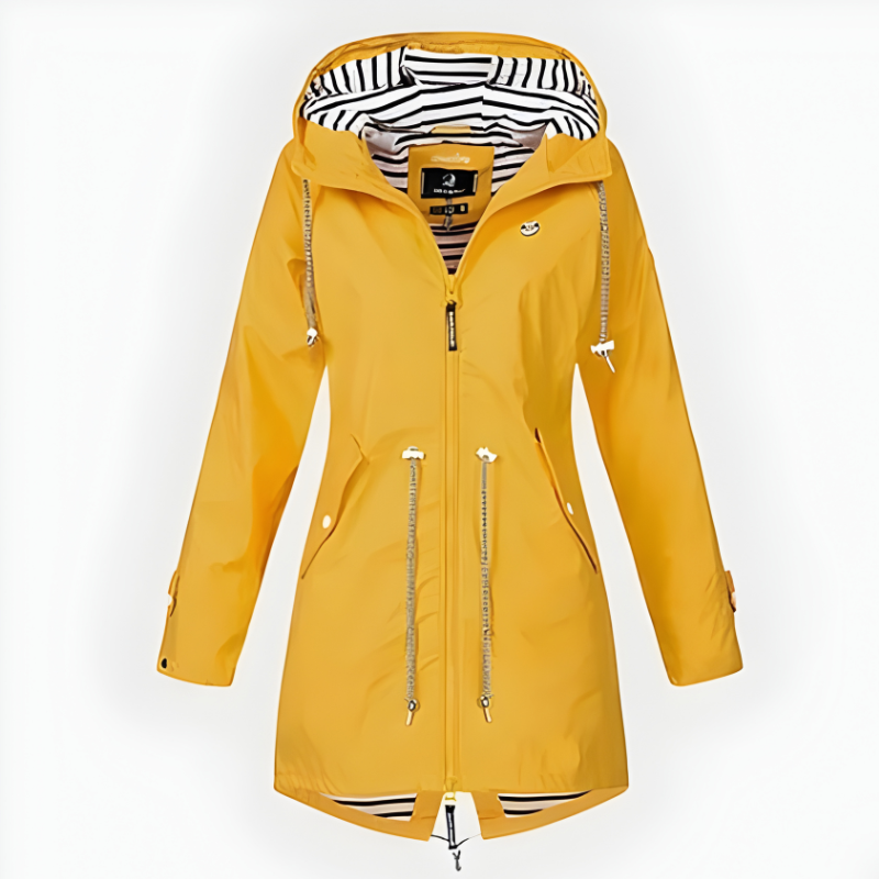 Front view of a women's stylish long rain jacket. Waterproof, windproof, hooded for elegant spring/fall fashion.