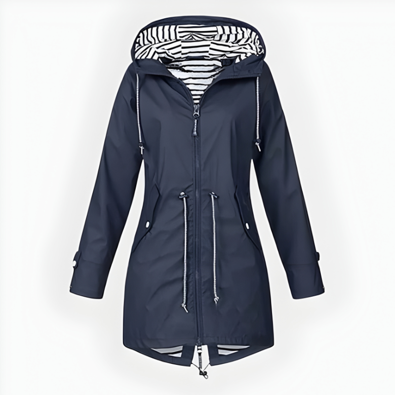 Full-length view of a women's stylish long rain jacket. Waterproof, windproof, hooded outerwear for elegant fashion.