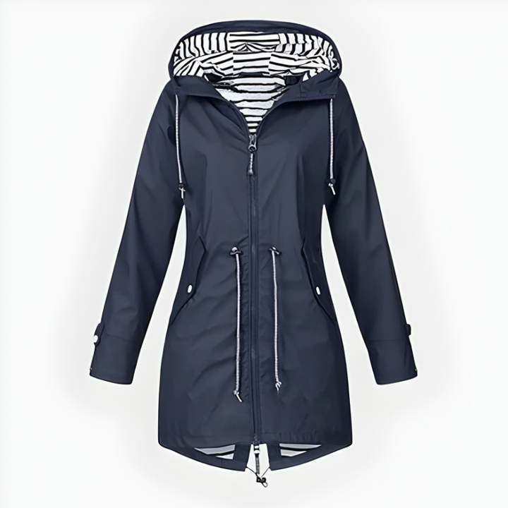 Full-length view of a women's stylish long rain jacket. Waterproof, windproof, hooded outerwear for elegant fashion.