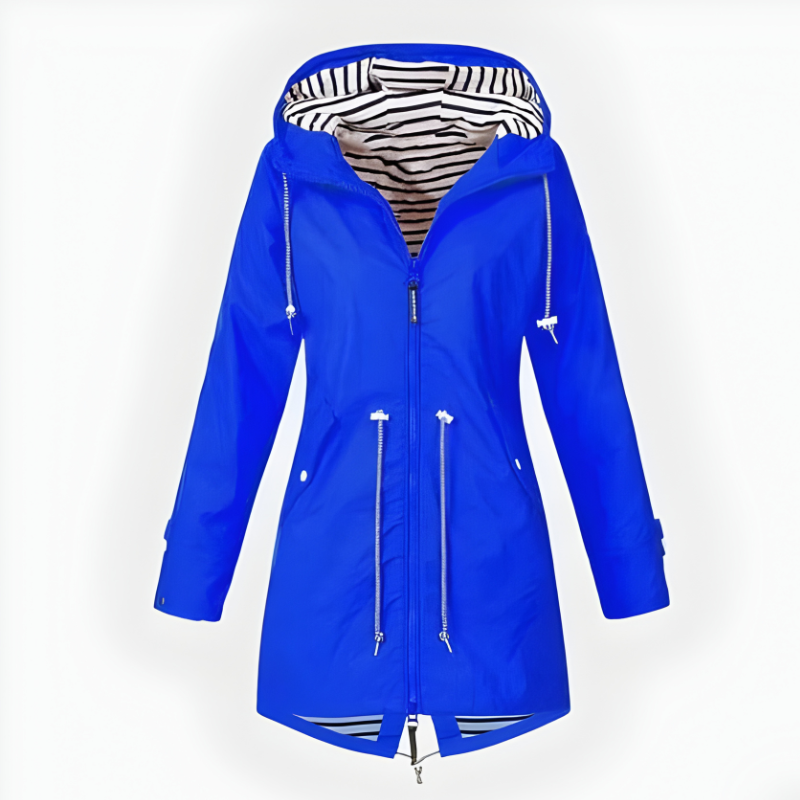 All-weather women's long rain jacket. Waterproof, windproof, stylish hooded coat, perfect for spring & fall fashion.