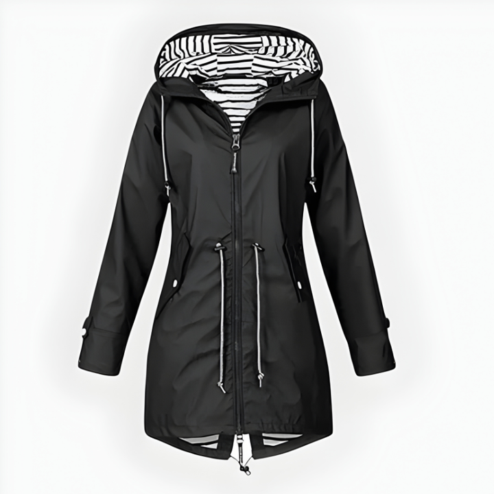 Chic women's long rain jacket. Waterproof & windproof, this hooded coat offers elegant protection for any weather.