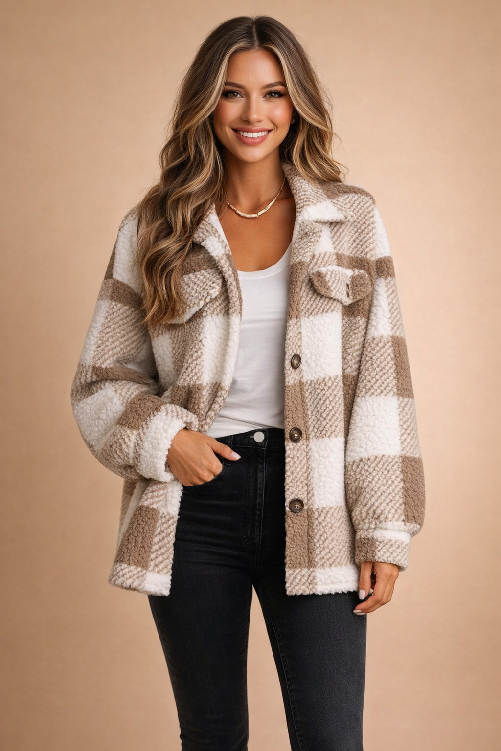 Women's stylish loose fit shirt jacket with grid pattern. Perfect casual comfort for fall and winter outerwear.
