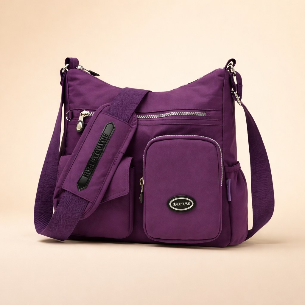 Women's stylish multi-pocket crossbody bag in durable nylon, perfect for everyday organization.