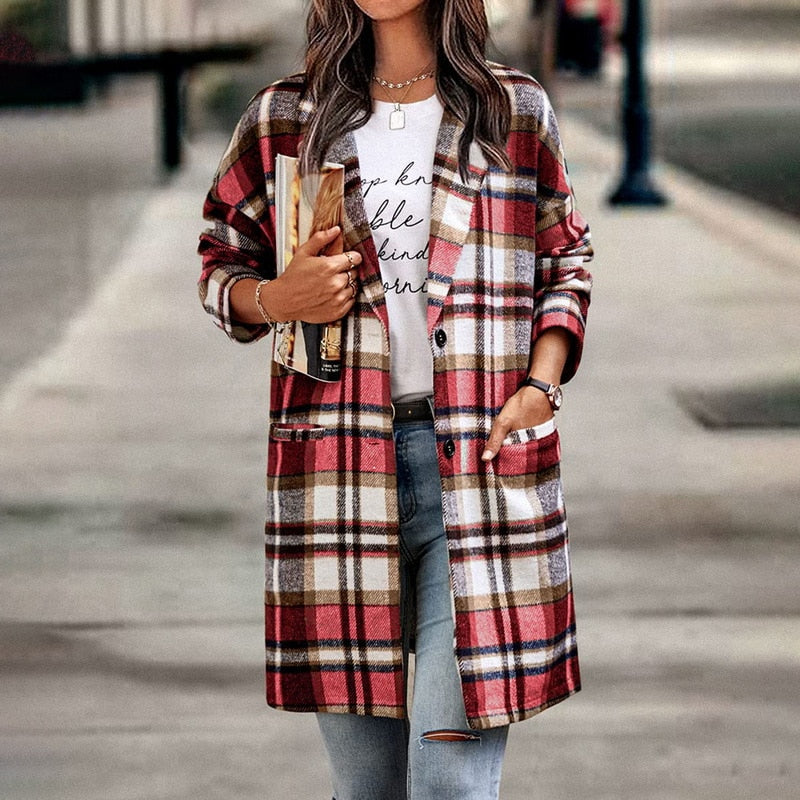 Women's stylish plaid jacket, a trendy layering piece for casual fall fashion and comfortable outerwear.