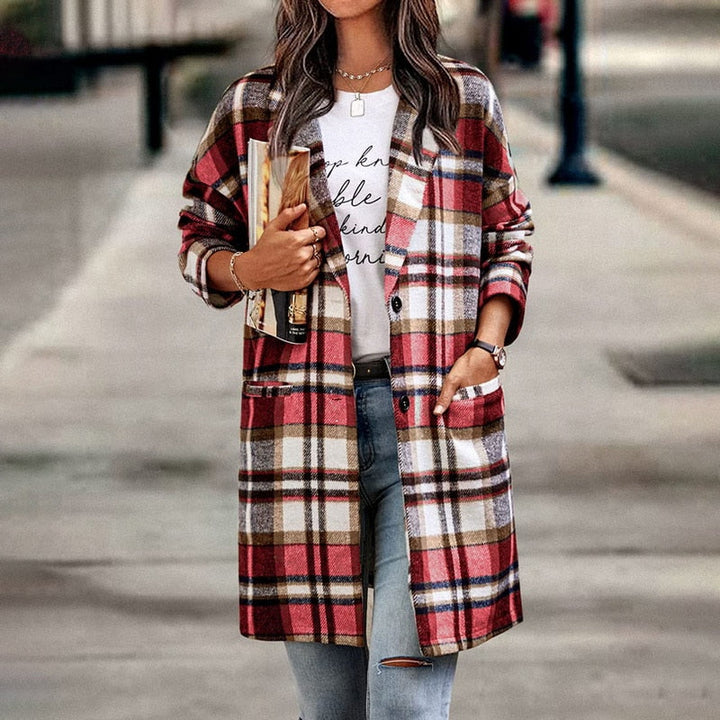 Women's stylish plaid jacket, a trendy layering piece for casual fall fashion and comfortable outerwear.