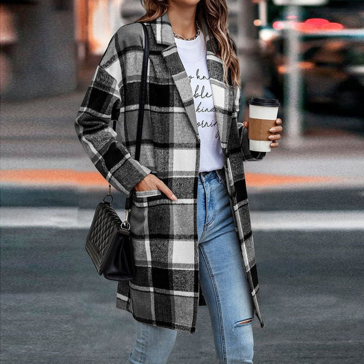 Classic women's plaid jacket, a cozy and stylish outerwear piece perfect for casual fall & winter wear.
