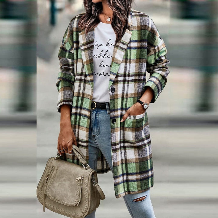 Warm women's plaid winter jacket, stylish and practical outerwear for cold weather layering outfits.