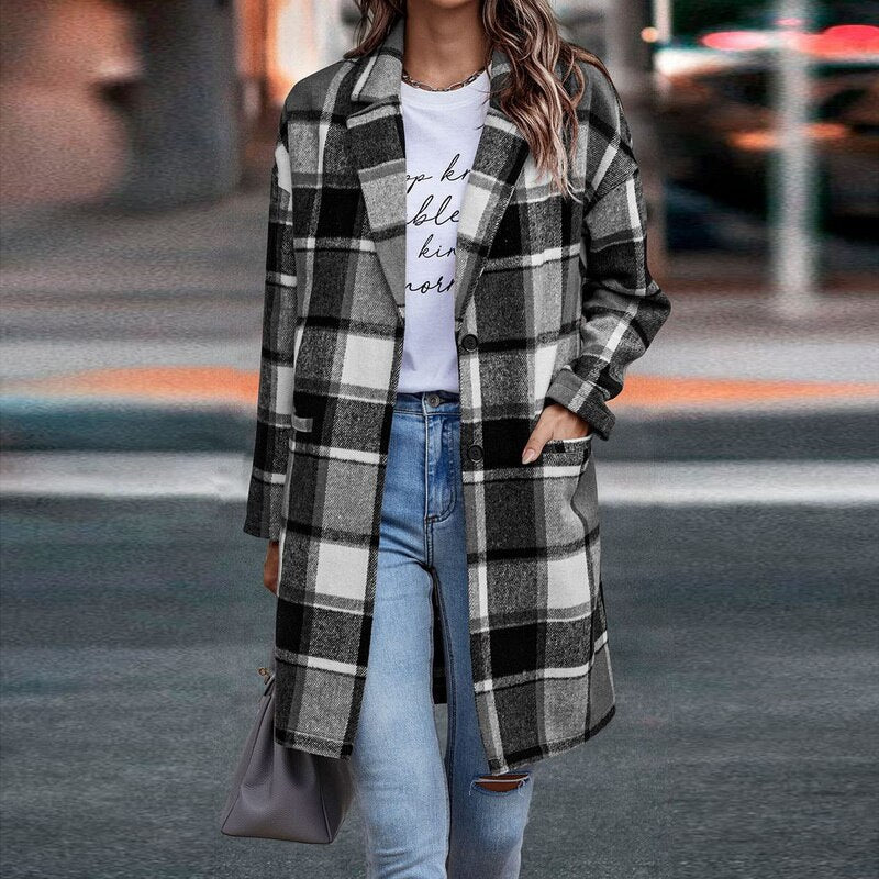 Chic women's plaid jacket, a fashionable and cozy outerwear piece, ideal for fall & winter ensembles.