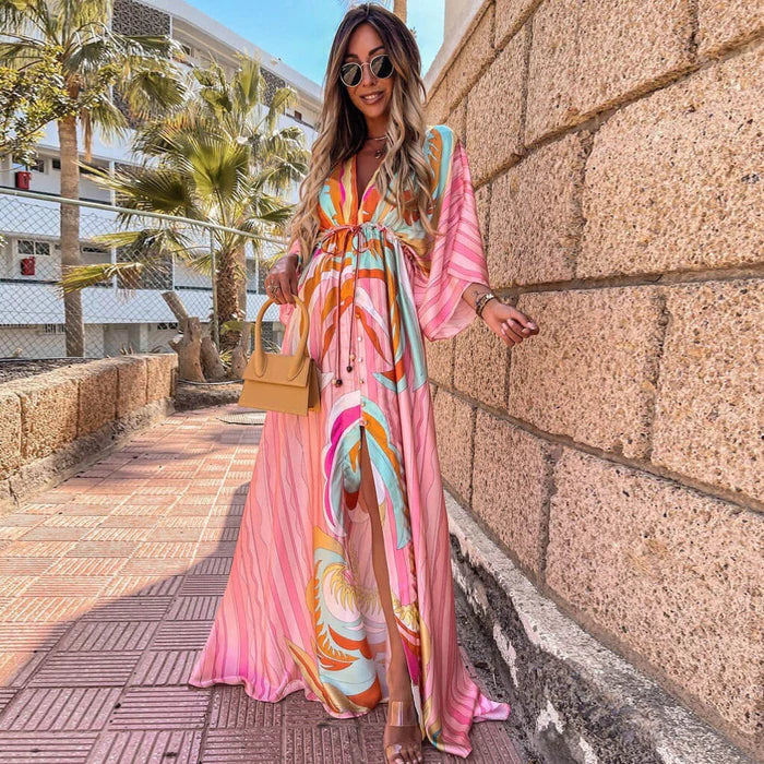 Women's stylish printed beach dress, perfect for summer vacations & resort wear. Lightweight & flowy sundress.