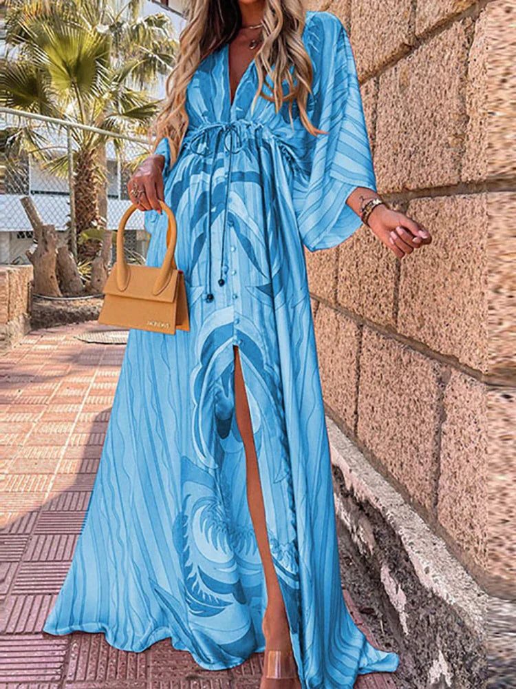 Casual women's flowy beach dress with vibrant print, ideal for summer fashion, beach trips, or vacation style.