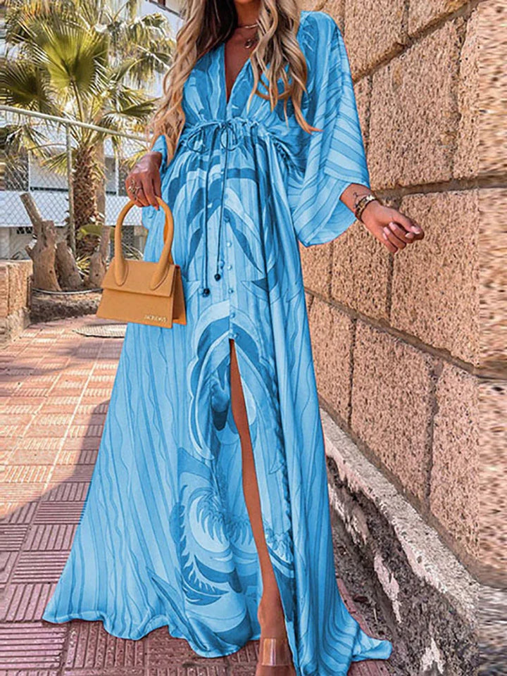 Casual women's flowy beach dress with vibrant print, ideal for summer fashion, beach trips, or vacation style.