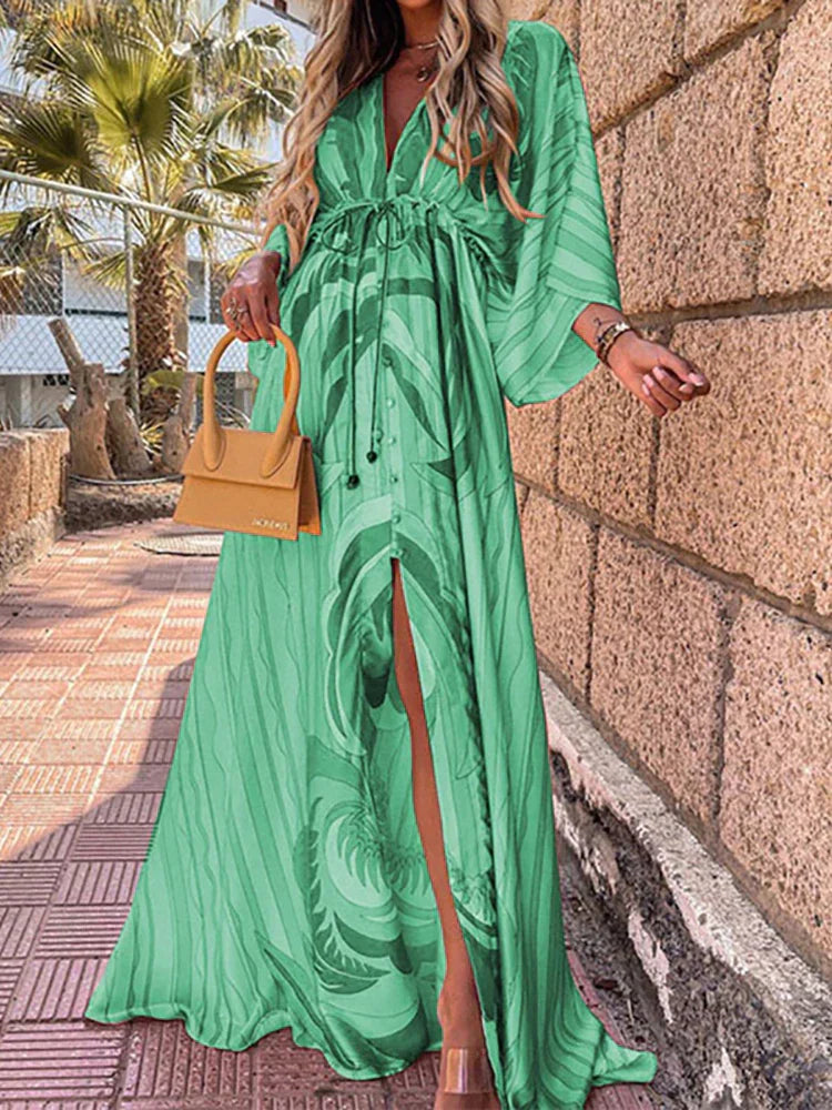 Elegant women's flowy printed beach dress, perfect casual summer fashion for sunny vacations & resort outfits.