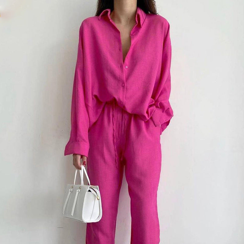 Elegant women's matching set with a chic blouse and comfortable wide-leg pants, ideal for a stylish summer.