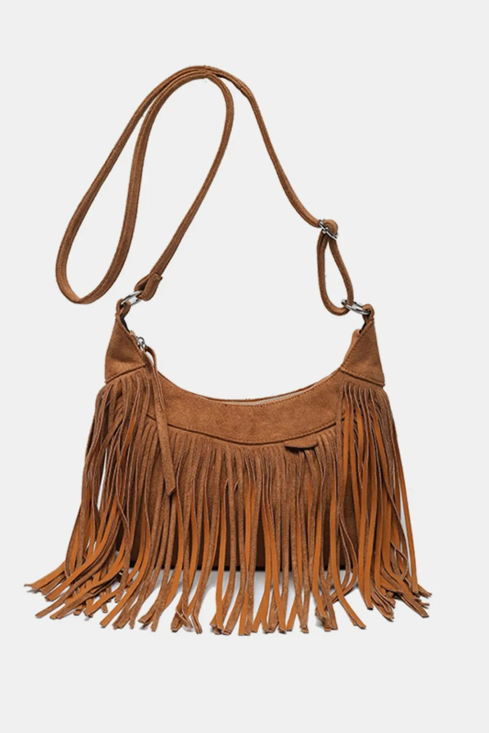 Women's Suede Fringe Shoulder Bag. Boho style crossbody purse for casual & festival wear.