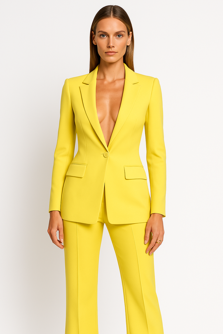 Chic women's tailored blazer and wide-leg trousers. Versatile two-piece set perfect for office or elegant events.
