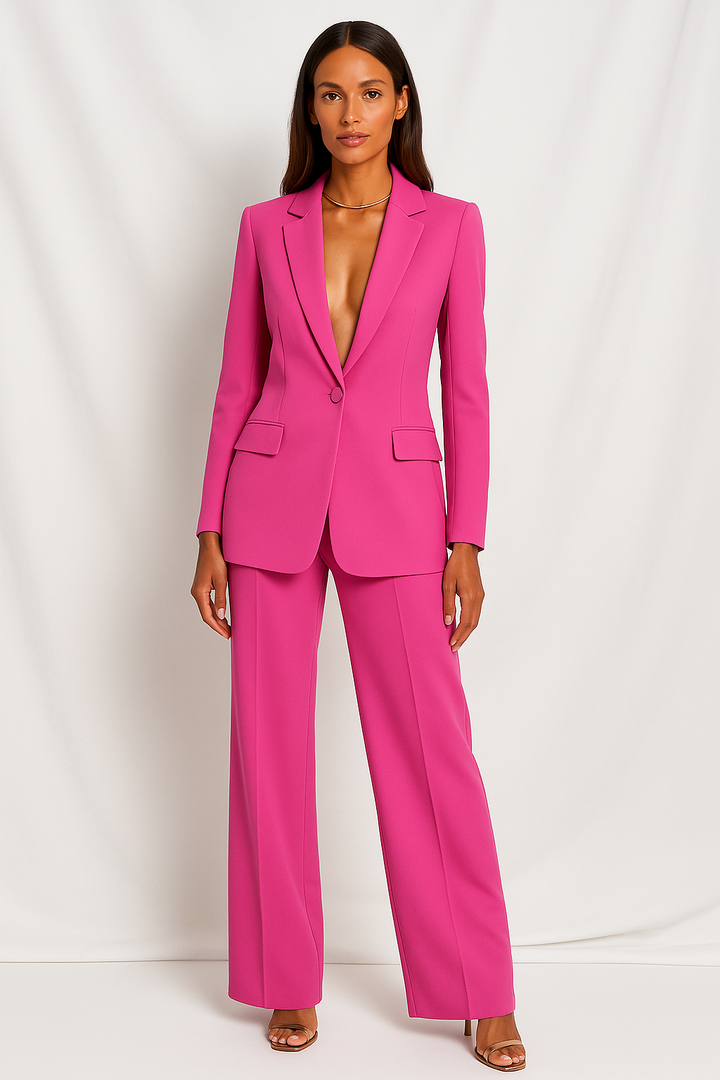 Elegant women's tailored blazer & wide-leg trouser outfit. Versatile formal wear or chic business attire set.