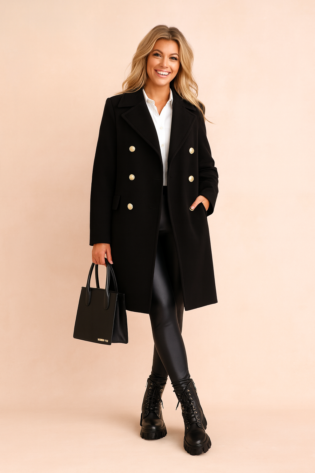 Women's tailored double-breasted longline winter coat, elegant & warm outerwear for cold weather fashion.