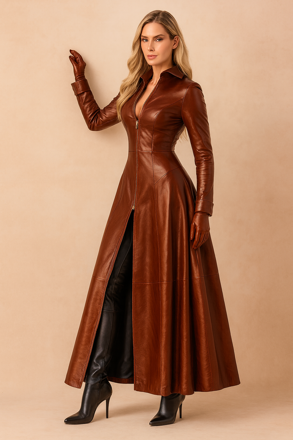 Chic women's tailored longline jacket with zip-front closure, perfect for elegant gothic style winter outerwear.