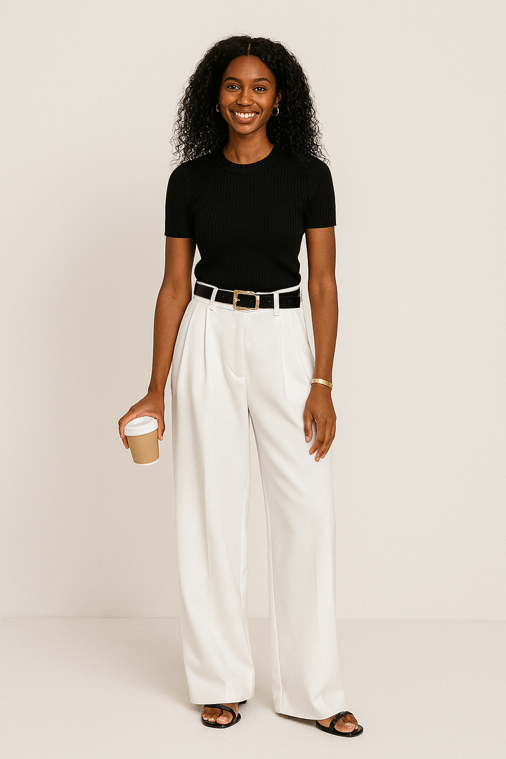 Women's tailored wide-leg trousers in a high-waist design with elegant pleats, perfect for smart casual wear.