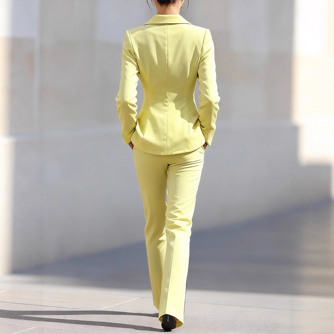 Chic women's yellow co-ord blazer and tailored trousers. Versatile & elegant professional business wear.