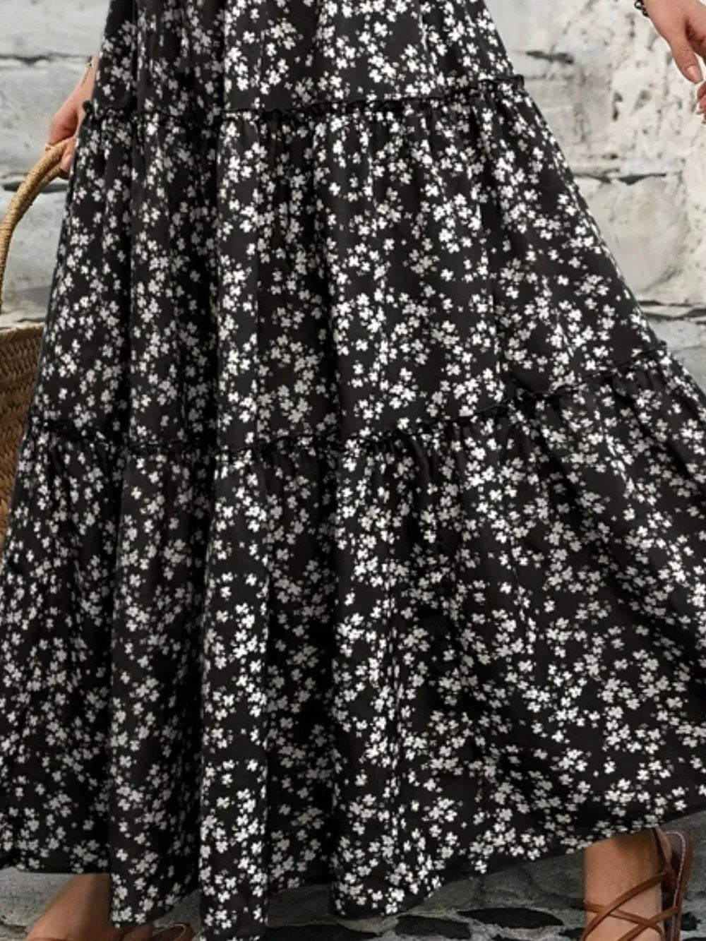 Comfortable women's tiered floral maxi skirt, flowy bohemian style. Elegant long skirt for summer & vacation.