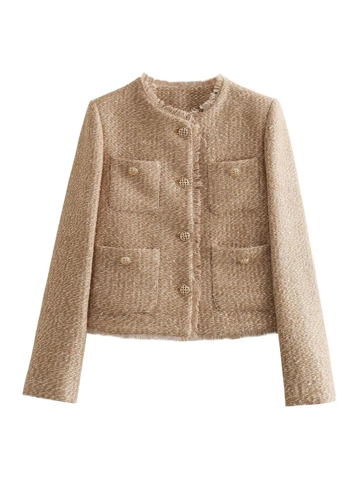 Elegant women's tweed jacket with prominent gold buttons. A classic chic blazer, versatile for any sophisticated outfit.