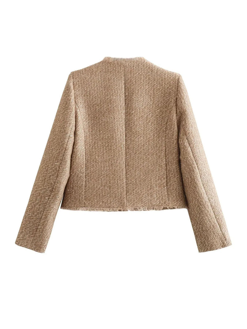 Chic women's tweed jacket, Anna, a versatile wardrobe staple with gold buttons, ideal for fall and spring fashion.