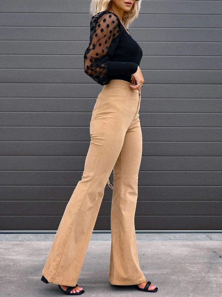 Women's daily wear stretch flare pants, high-waisted and comfortable, offering a modern, casual chic style.
