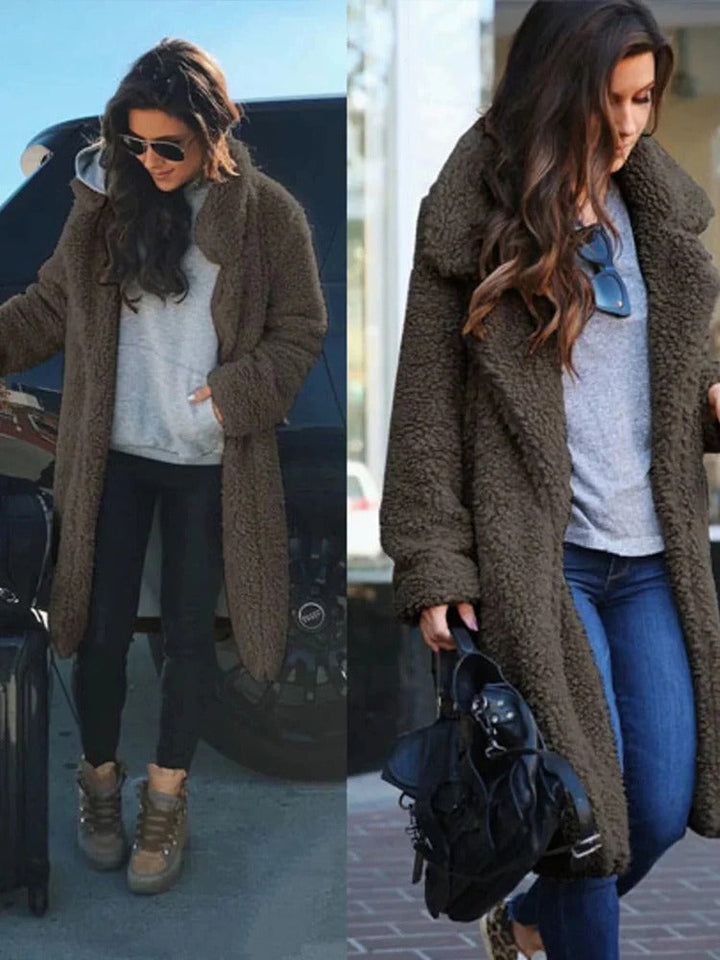 Extra warm long teddy coat for women, ultimate comfort & style for cold winter days.