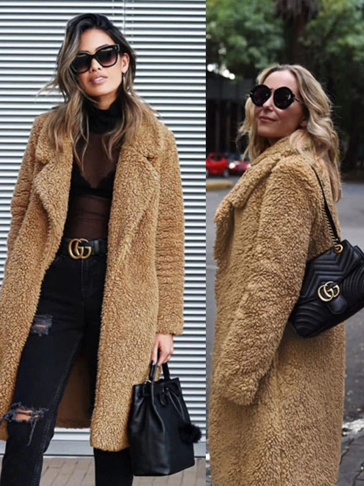 Warm women's long teddy coat, a fashionable & cozy winter outerwear choice.