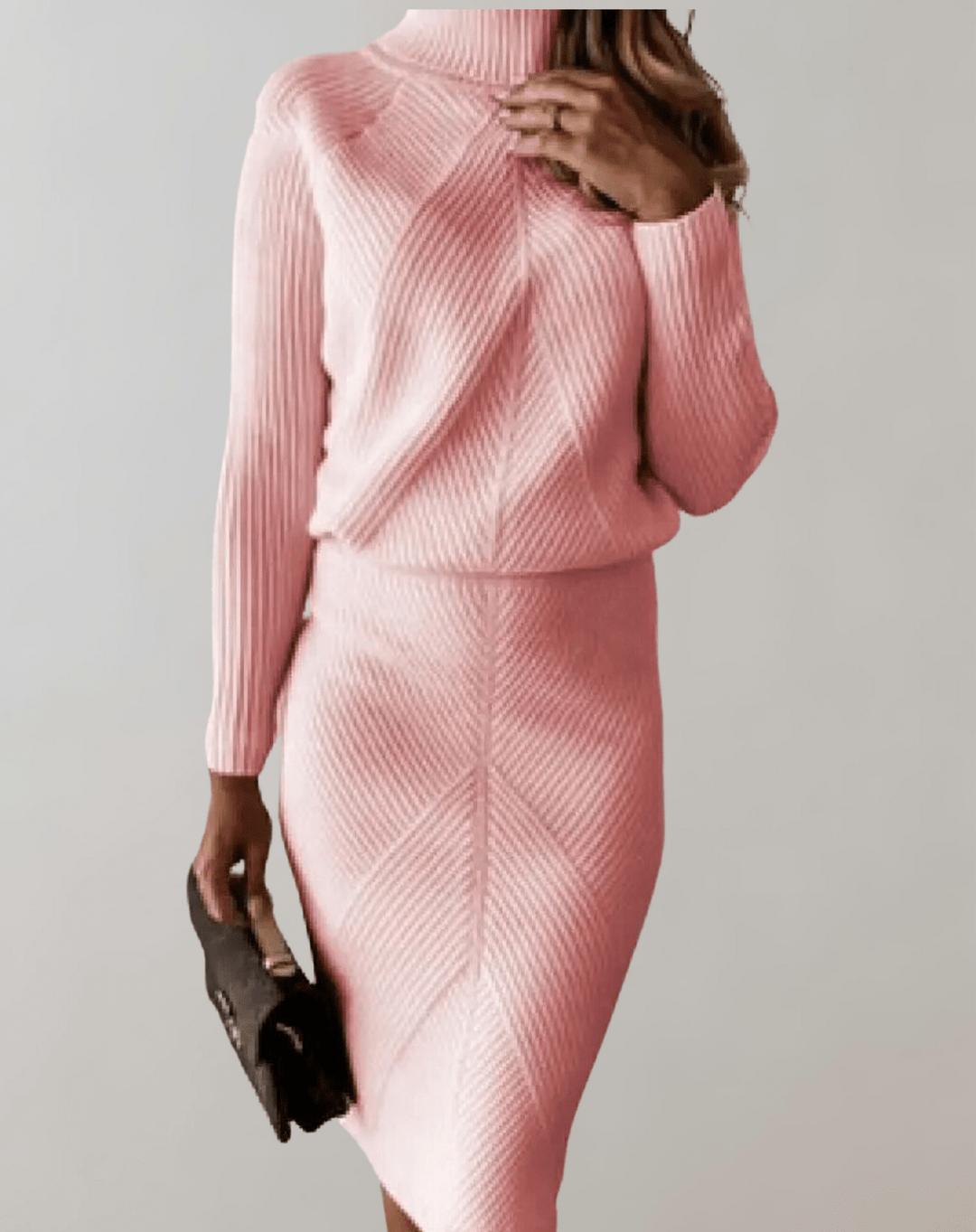 Chic women's turtleneck sweater & slim midi skirt set. Chevron pattern two-piece winter outfit.