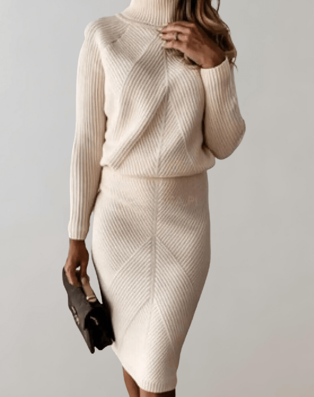 Chevron pattern women's matching set. Includes a cozy turtleneck sweater & elegant slim midi skirt.