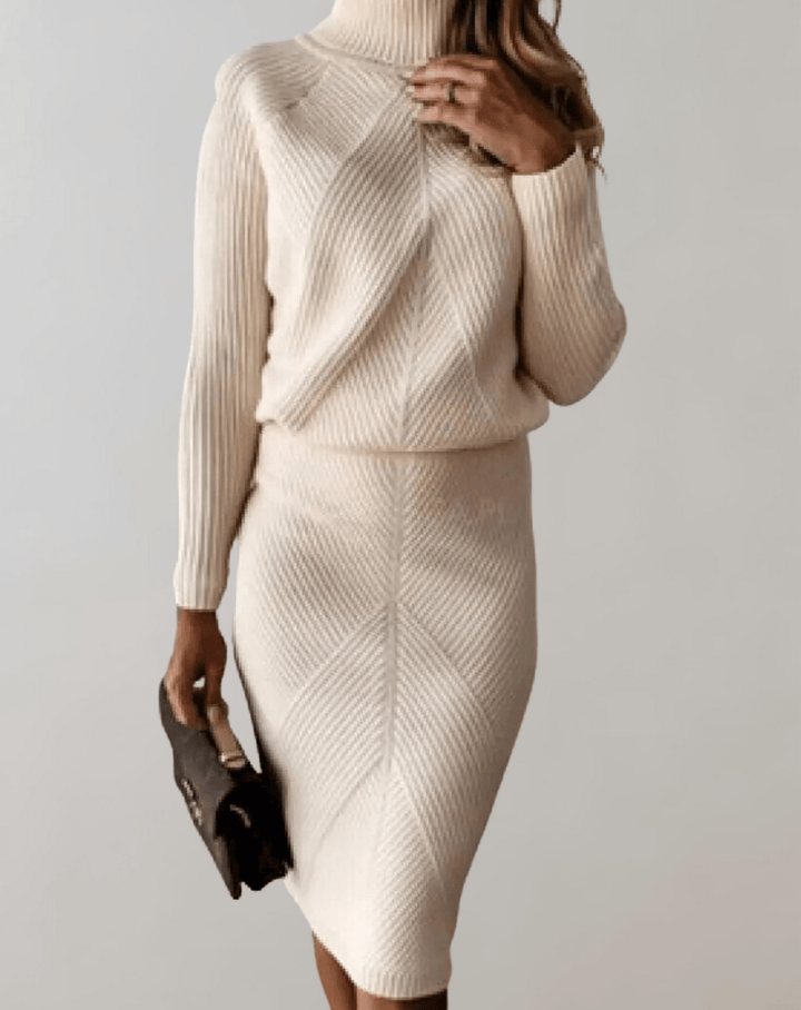 Chevron pattern women's matching set. Includes a cozy turtleneck sweater & elegant slim midi skirt.