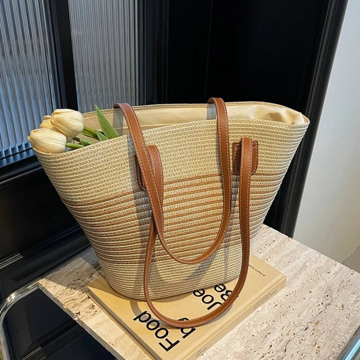 Spacious two-tone beach bag for women. Perfect large capacity tote for summer essentials & casual style.