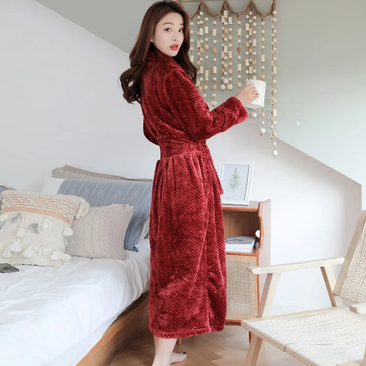 Full view of a women's ultra-soft plush bathrobe, perfect for cozy and comfortable home lounging.