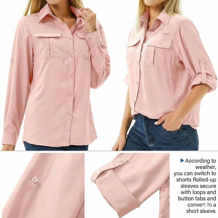 Breathable women's long sleeve UPF 50 shirt for hiking, camping, and active sun protection.