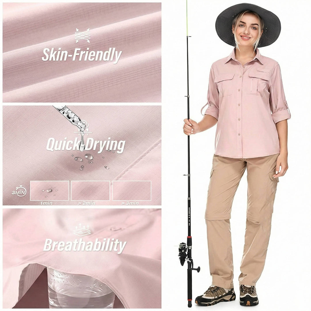 Lightweight, quick-dry UPF 50 women's long sleeve for comfortable outdoor travel & hiking.