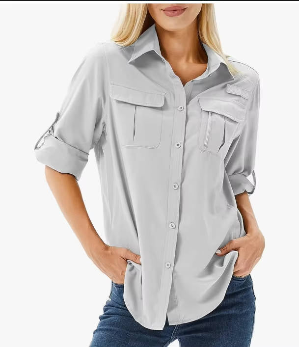 Versatile women's long sleeve UPF 50 activewear shirt, perfect for hiking, travel & sun protection.