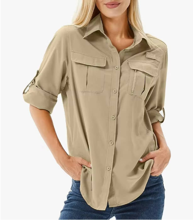 Women's long sleeve UPF 50 shirt in gray, perfect for hiking, travel, and sun-safe camping.
