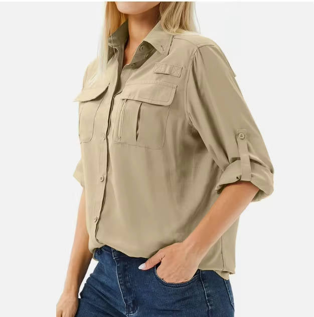 Product shot: Women's UPF 50 long sleeve hiking shirt, offering ultimate sun protection & comfort.